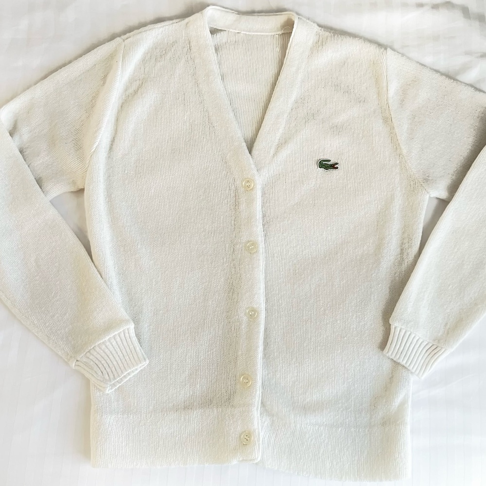 VINTAGE LACOSTE IVORY CREAM OFF WHITE KNIT CARDIGAN SWEATER